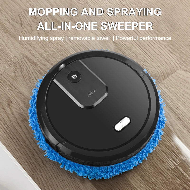 R.E.D. Shopping smart sweeping and mop robot with humidifying spray cleaning a tiled floor, automatic vacuum cleaner for home use.