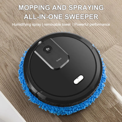 R.E.D. Shopping smart sweeping and mop robot with humidifying spray cleaning a tiled floor, automatic vacuum cleaner for home use.