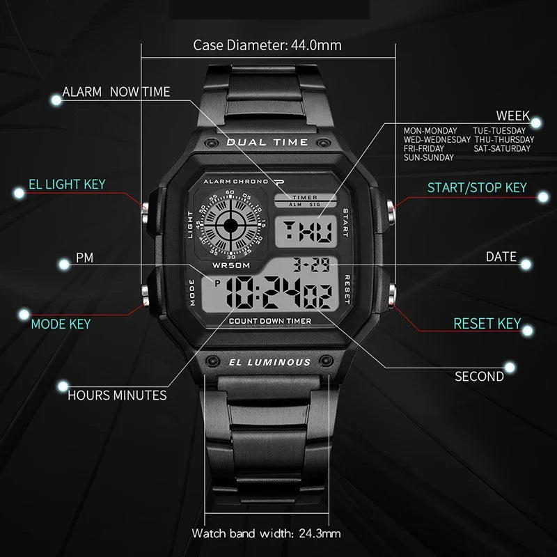 YIKAZE Men's Military LED Sport Watch - Luxury Stainless Steel Strap, Waterproof Digital Wristwatch