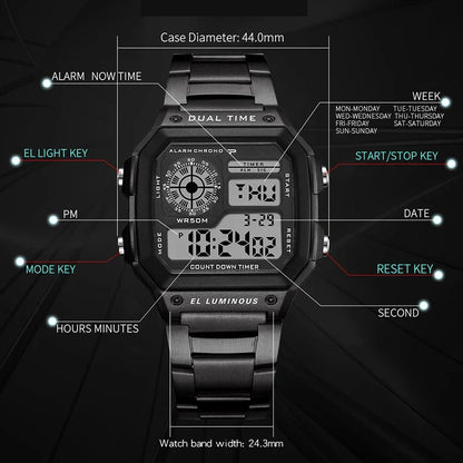 YIKAZE Men's Military LED Sport Watch - Luxury Stainless Steel Strap, Waterproof Digital Wristwatch