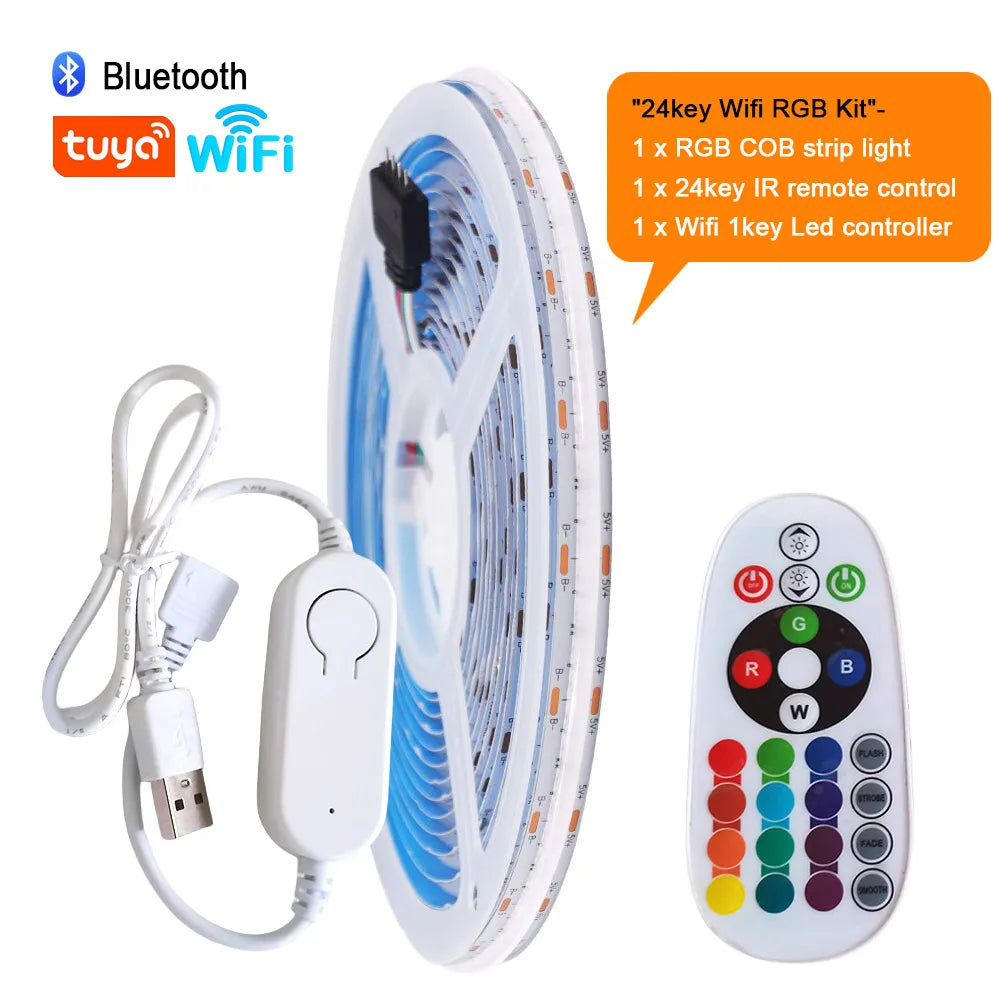 WiFi Bluetooth RGB COB LED Strip Light – 576 LEDs, 24/44 Key Remote, Flexible Tape Kit