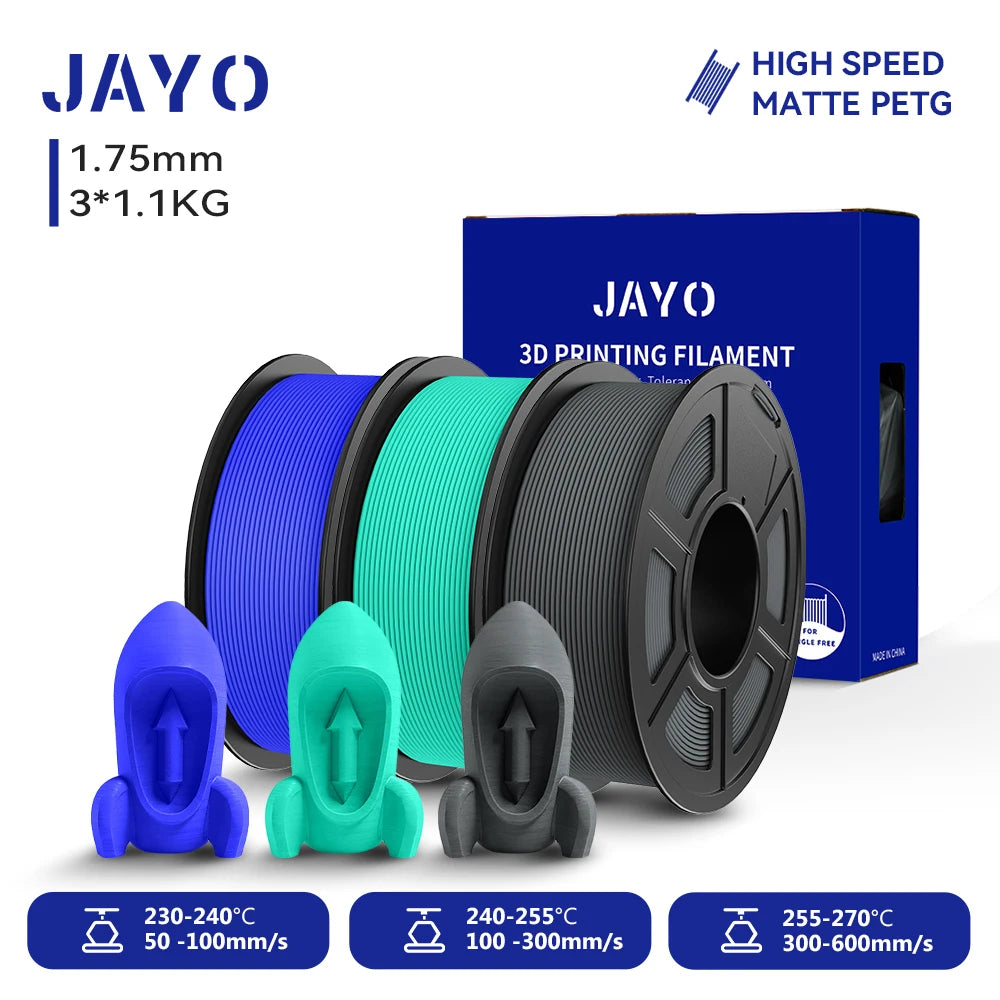 JAYO PETG/High Speed Matte PETG 3D Printing Filament 1.75MM Mix-Colors & No bubbles &Non-toxic For 3D Printer & Pen 3Rolls