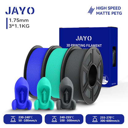 JAYO PETG/High Speed Matte PETG 3D Printing Filament 1.75MM Mix-Colors & No bubbles &Non-toxic For 3D Printer & Pen 3Rolls