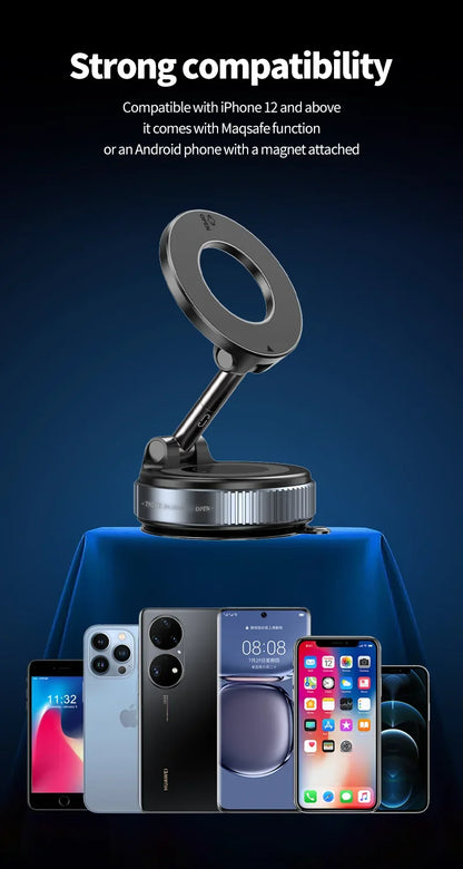 Rotating Folding Magnetic Phone Holder | Vacuum Suction MagSafe Stand for Car, Gym & Kitchen