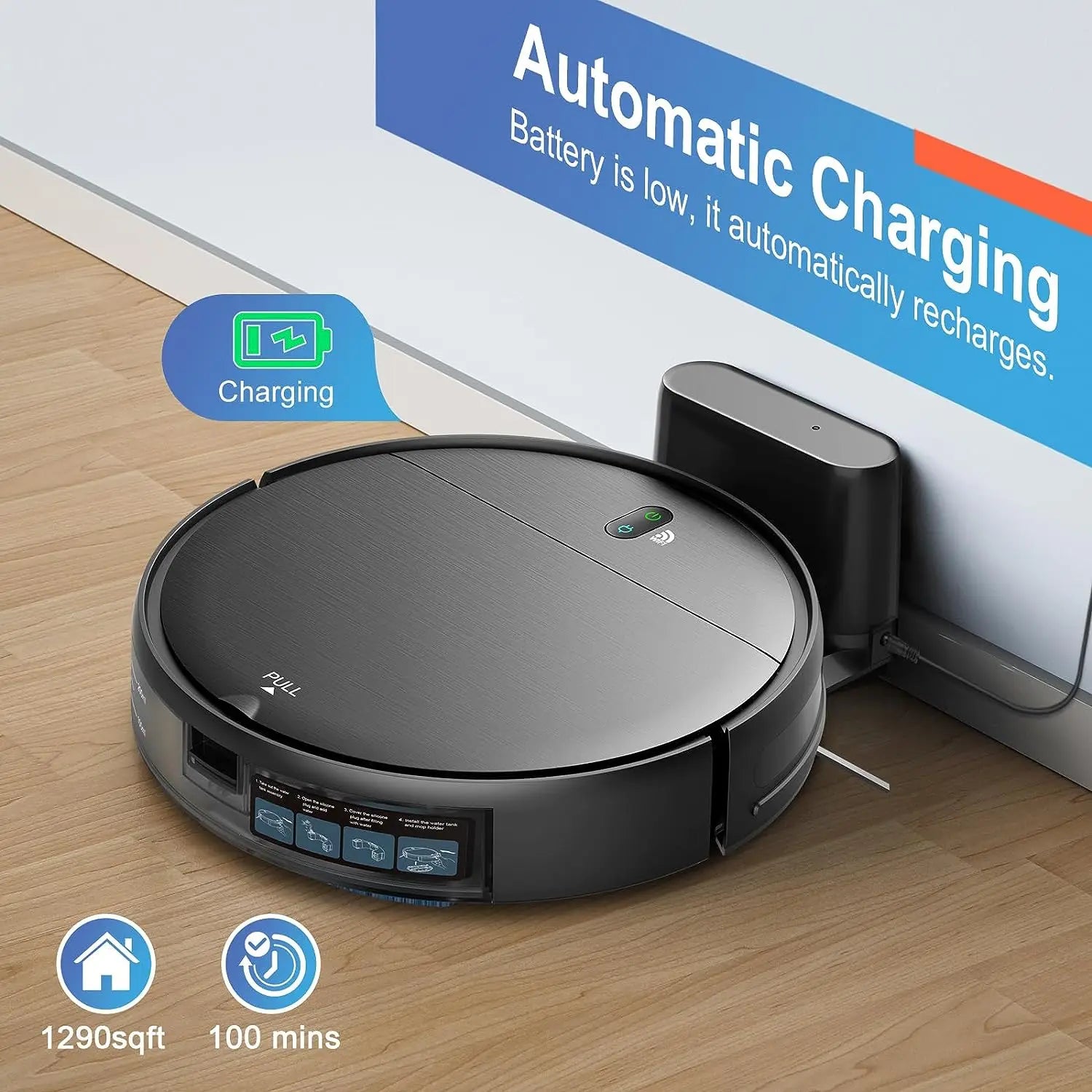 RAYFURN Robot Vacuum Cleaner with 6000Pa suction and mopping feature, auto charging, in a modern home setting