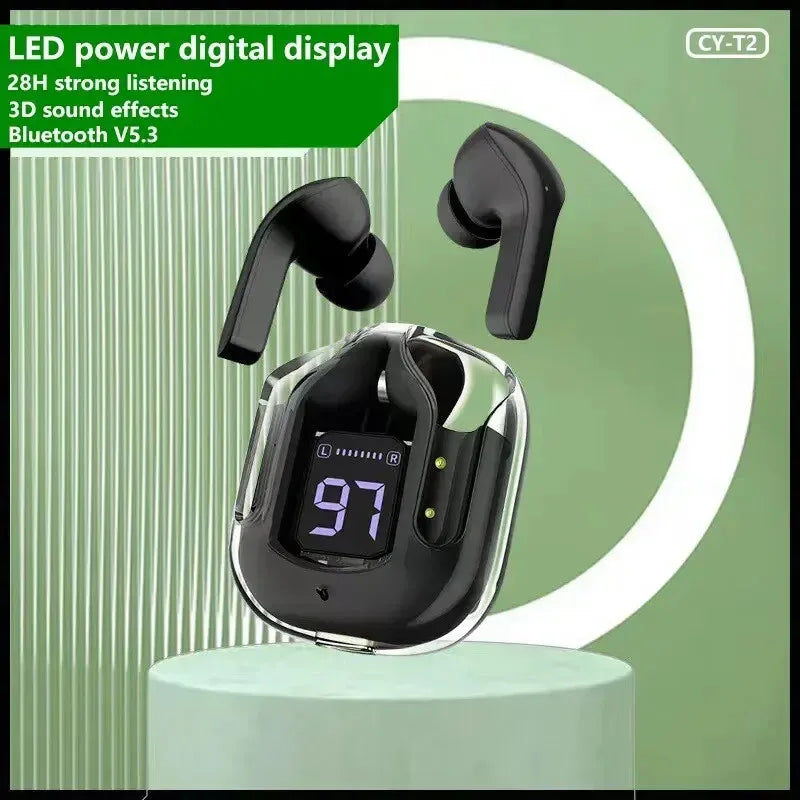 R.E.D. Shopping T2 wireless Bluetooth earphones with transparent design, LED display, and 24-hour battery life.