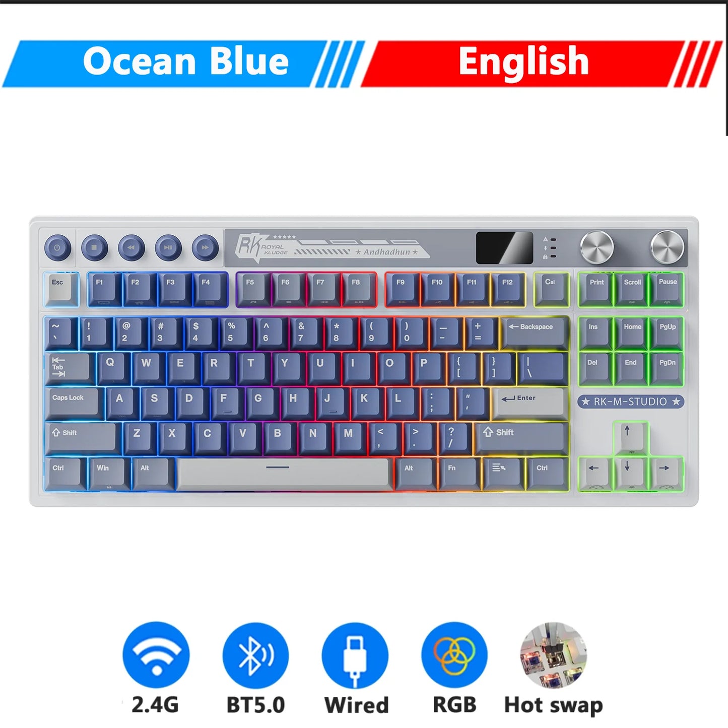 RK Royal Kludge M87 Wireless Mechanical Keyboard – 87 Key, Hot-Swap, BT/2.4G/USB-C, TFT Screen