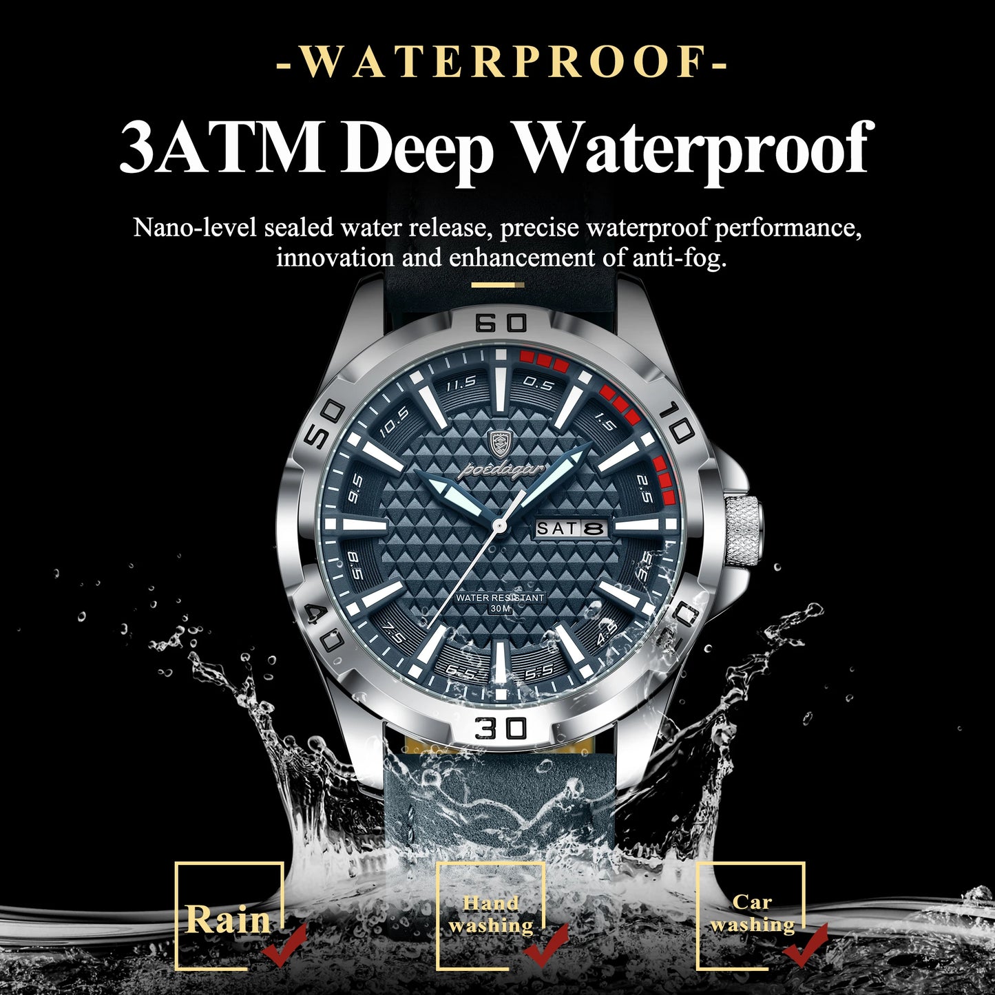 POEDAGAR Men's Luxury Wristwatch – Waterproof, Luminous, Date & Week Display, Quartz Sport Leather