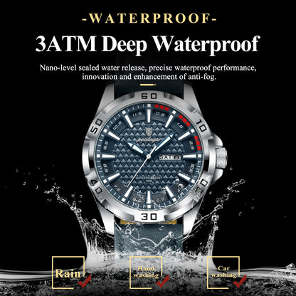 POEDAGAR Men's Luxury Wristwatch – Waterproof, Luminous, Date & Week Display, Quartz Sport Leather
