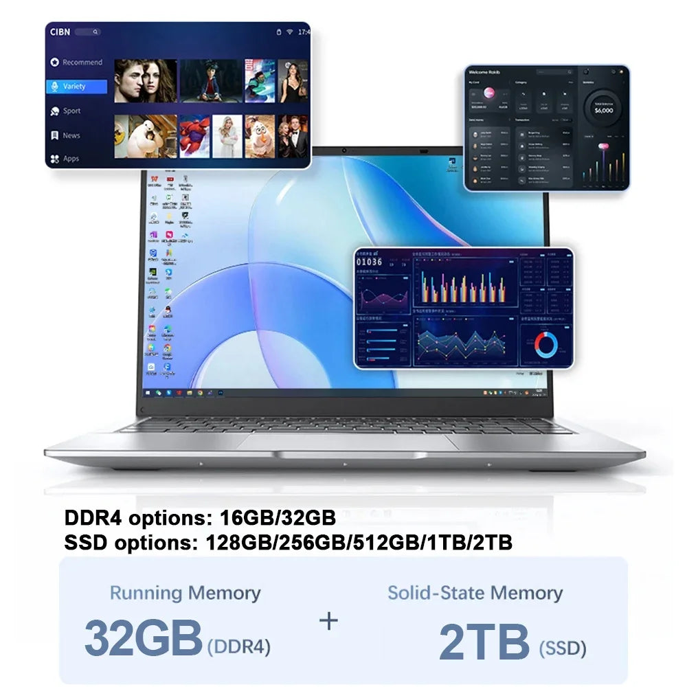 14.1" FHD Gaming Laptop | Intel DDR4 | 16–32GB RAM | Up to 2TB SSD | Windows 11 | 1920×1080 IPS | EU Plug