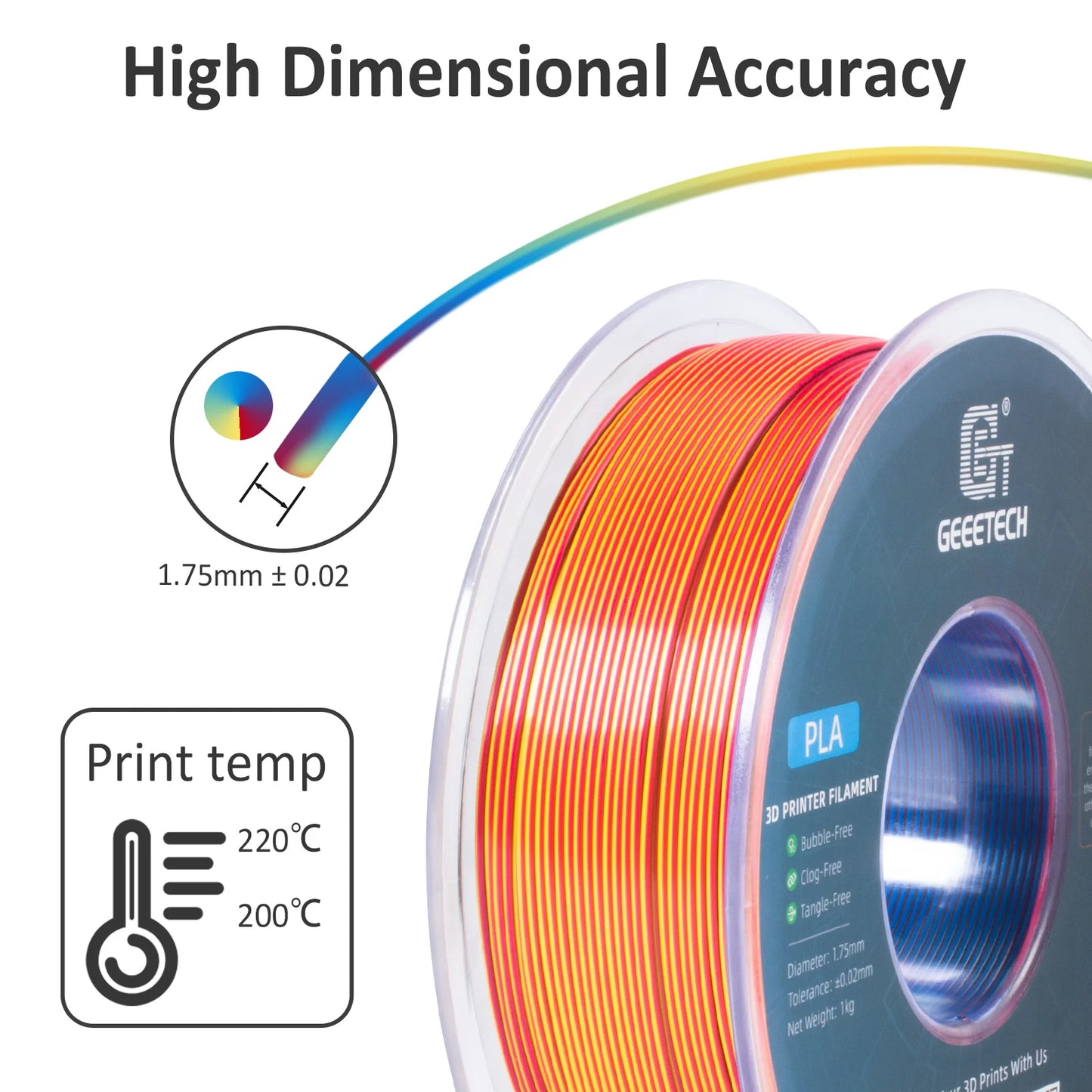 Geeetech Tri-Color Silk PLA Filament 1.75mm – 1KG Spool, Vacuum Packed