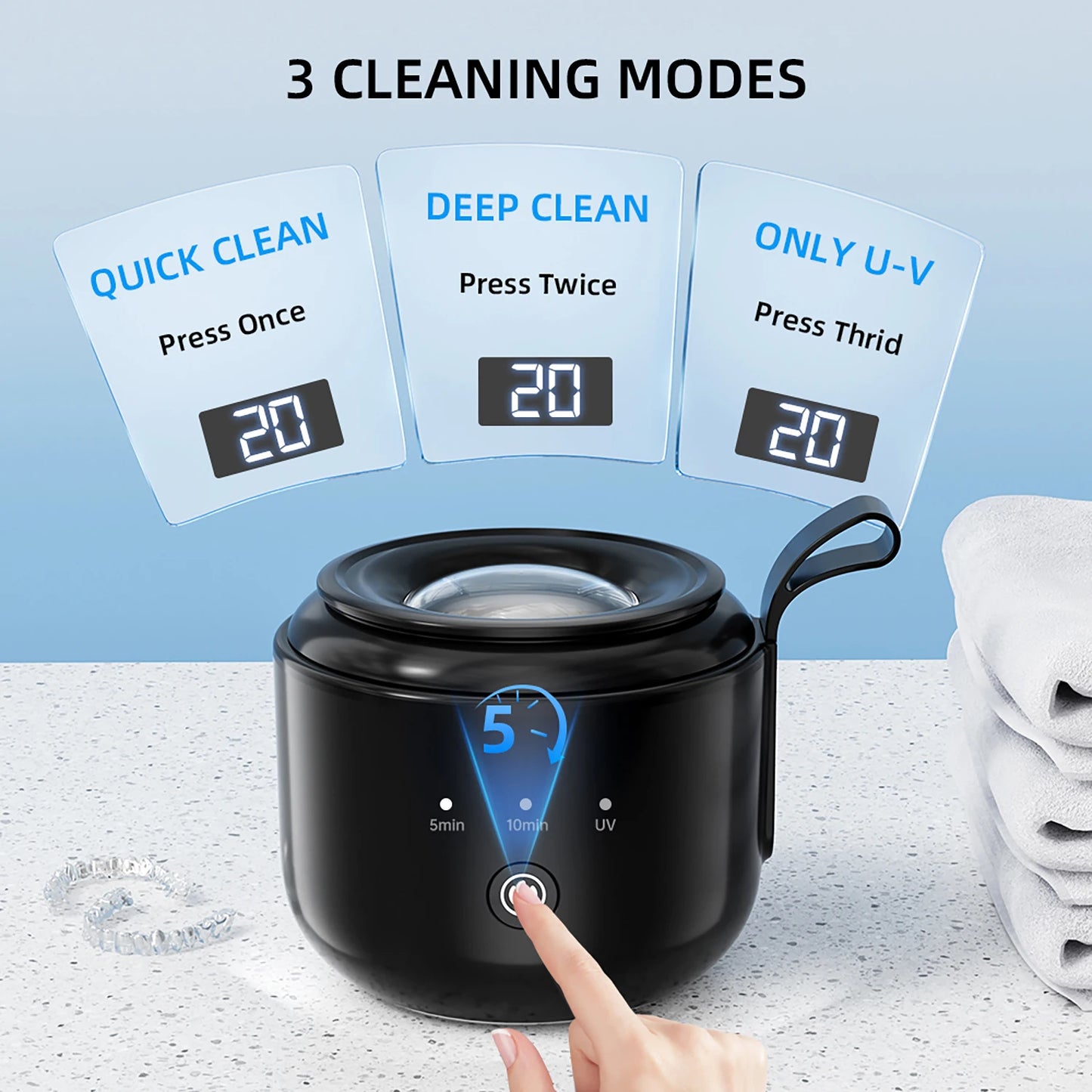 KUNPHY Dental Pod Ultrasonic Retainer Cleaner 200ml – UV Sterilization, 3 Modes for Aligners & Night Guards