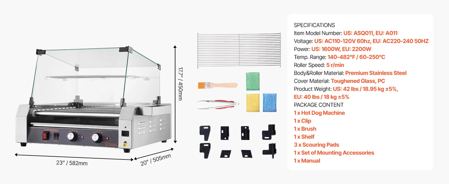 SucceBuy Hot Dog Roller Grill – 5, 7 or 11 Rollers, Stainless Steel, Dual Temp Control, Commercial Sausage Cooker