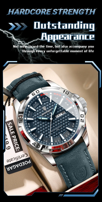 POEDAGAR Men's Luxury Wristwatch – Waterproof, Luminous, Date & Week Display, Quartz Sport Leather