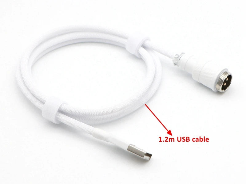 Handmade paracord and PET coiled USB-A to USB-C cable with GX16 aviator connector for mechanical keyboards, by R.E.D. Shopping.
