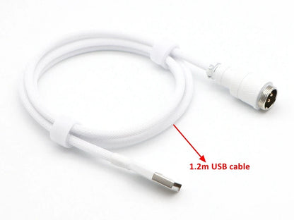 Handmade paracord and PET coiled USB-A to USB-C cable with GX16 aviator connector for mechanical keyboards, by R.E.D. Shopping.