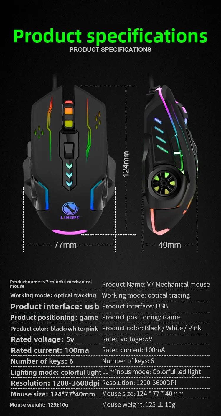 R.E.D. Shopping V7 wired mechanical gaming mouse with LED lights, ambidextrous design, suitable for laptops and desktops.