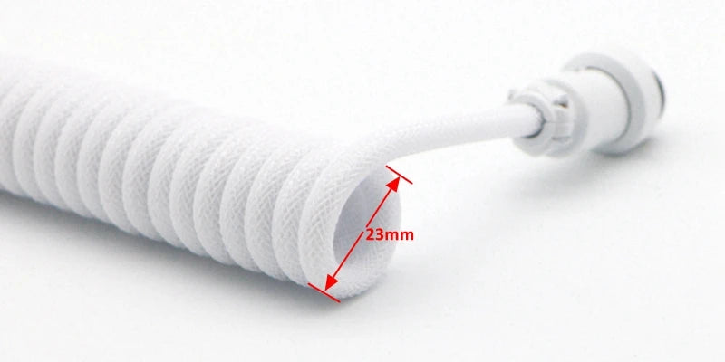Handmade paracord and PET coiled USB-A to USB-C cable with GX16 aviator connector for mechanical keyboards, by R.E.D. Shopping.