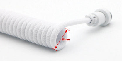 Handmade paracord and PET coiled USB-A to USB-C cable with GX16 aviator connector for mechanical keyboards, by R.E.D. Shopping.