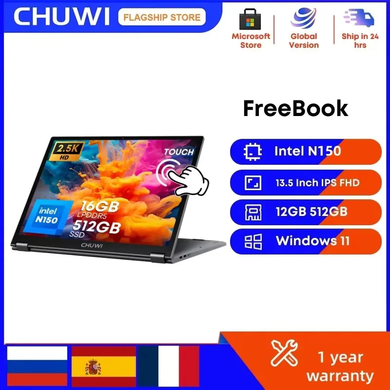 CHUWI FreeBook 2-in-1 Laptop – 13.4" Touch Screen, Intel N150, 16GB RAM, 512GB SSD, Windows 11