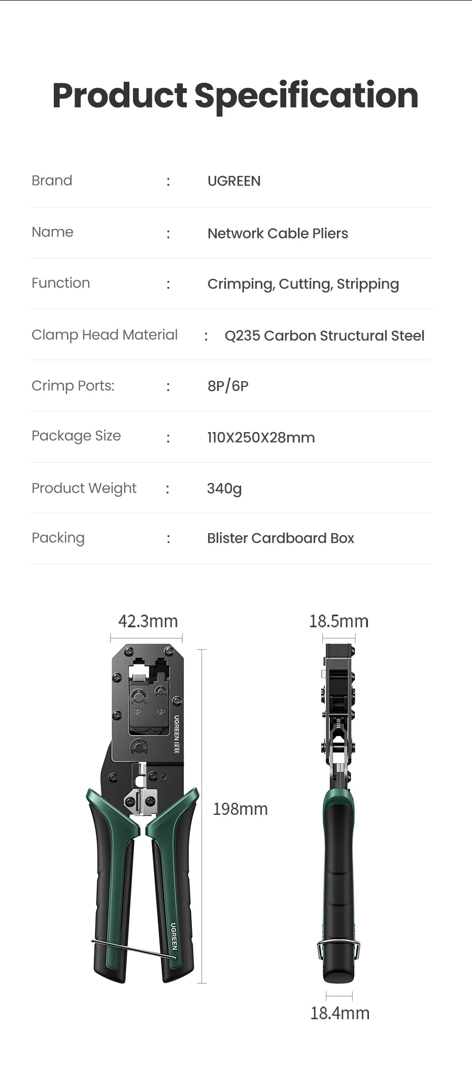 UGREEN RJ45 Crimper Tool NW136 | CAT6/7 Ethernet Cable Crimping Pliers | Cutter & Stripper | 8P/6P