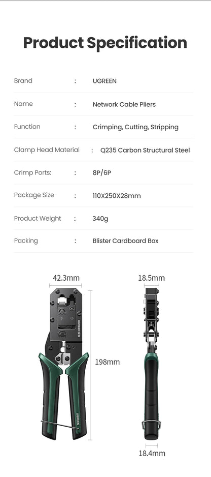 UGREEN RJ45 Crimper Tool NW136 | CAT6/7 Ethernet Cable Crimping Pliers | Cutter & Stripper | 8P/6P