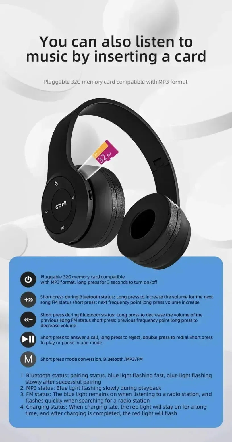 Wireless Bluetooth headset with foldable headband, over-ear design, and built-in microphone, compatible with TF cards and wired connection.