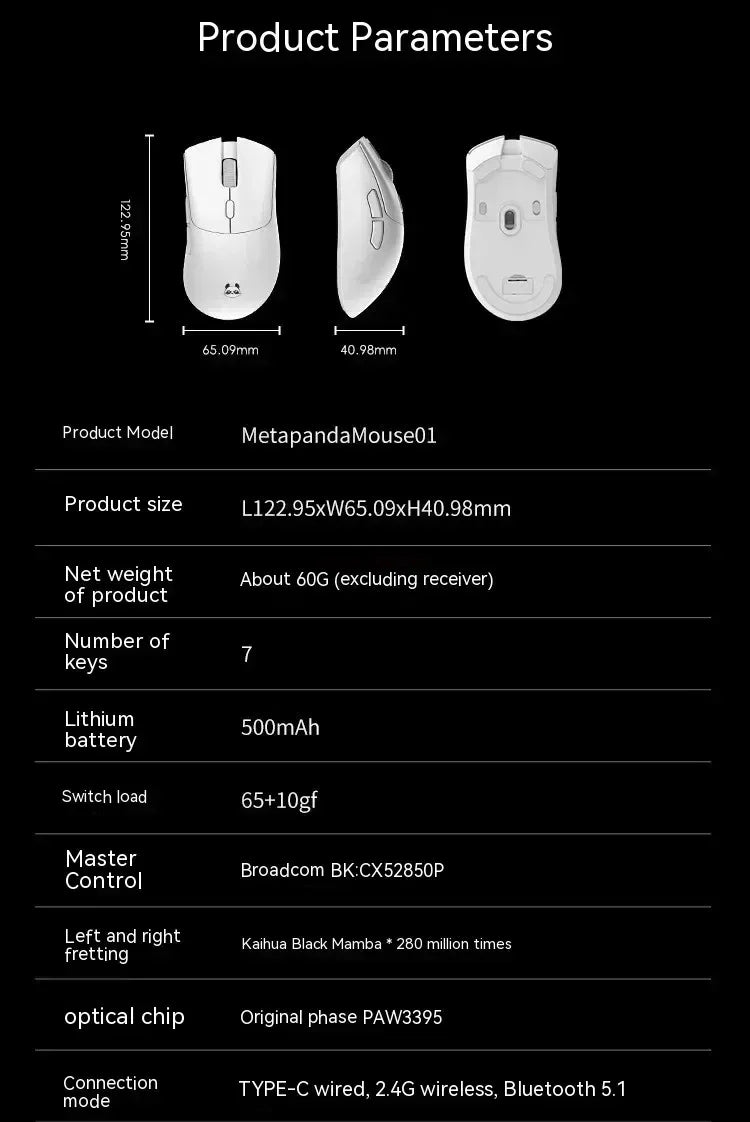Metaphyuni Metapanda P1 Pro Wireless Gaming Mouse – PAW3395, Low Latency, Lightweight, Ergonomic