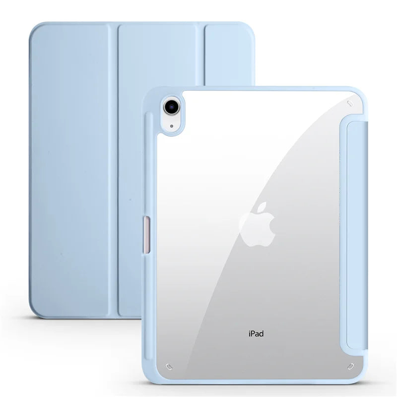 iPad Case with Pen Holder – Trifold Acrylic Clear Back Cover for iPad 9.7–11"