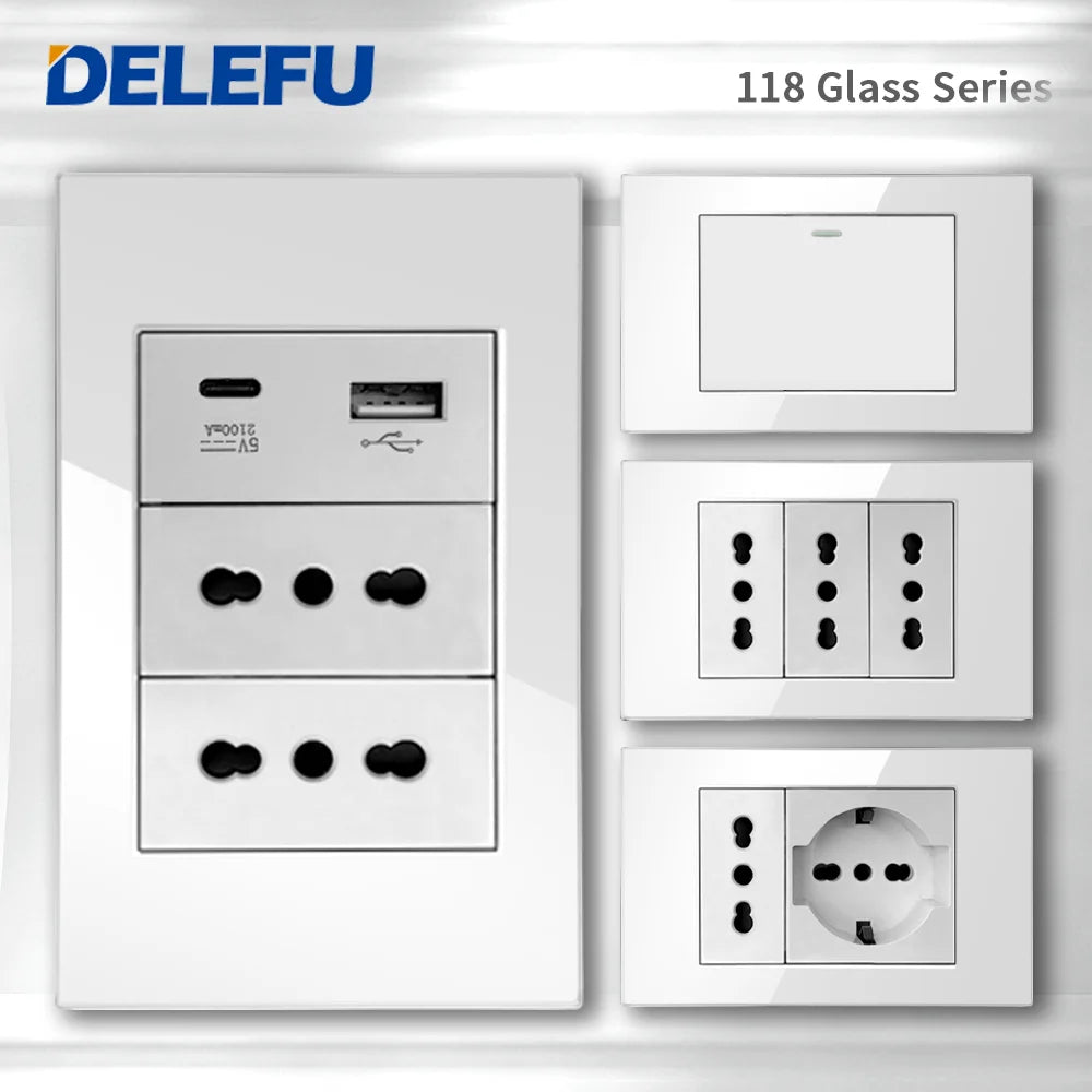 DELEFU Tempered Glass Wall Socket with USB-C Fast Charging – Schuko/Italy