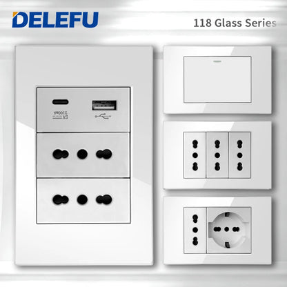 DELEFU Tempered Glass Wall Socket with USB-C Fast Charging – Schuko/Italy