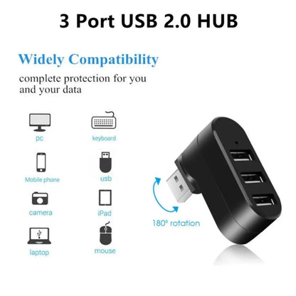 Mini Rotatable USB 2.0 Hub – 3-Port Splitter for PC, Laptop & U Disk