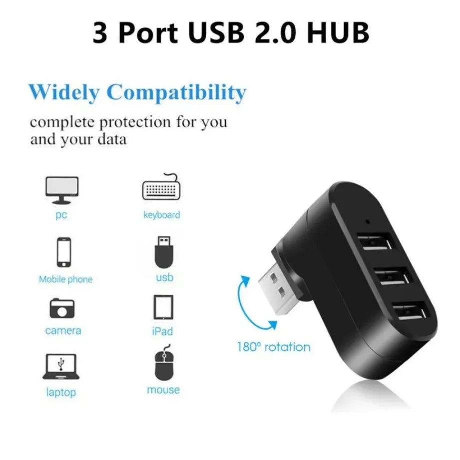 TABLLYUGE Mini Rotatable 3-Port USB 2.0 Hub – Plug & Play Splitter for PC & Laptop