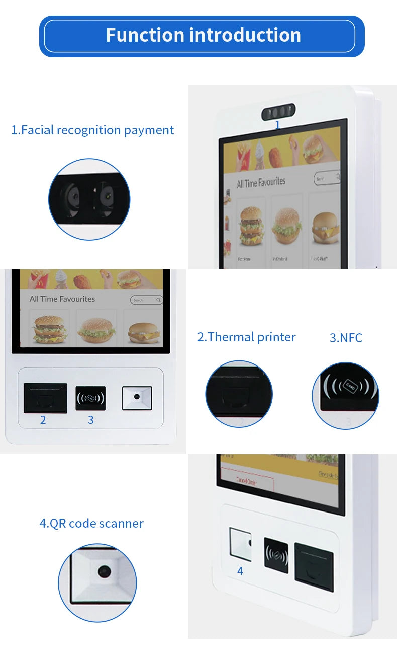 TouchWo 27-32 inch touchscreen self-service kiosk by R.E.D. Shopping, used for ticketing, payments, and ordering in retail settings.
