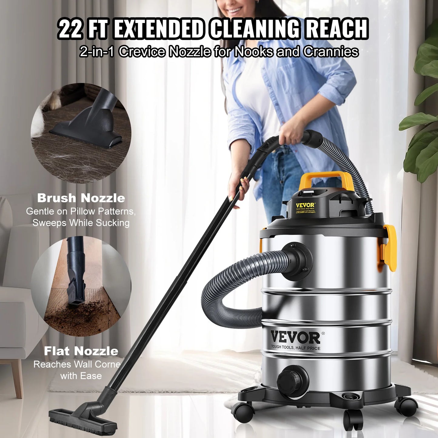 SucceBuy Stainless Steel Wet & Dry Shop Vacuum – Powerful Suction for Carpet, Debris & Pet Hair