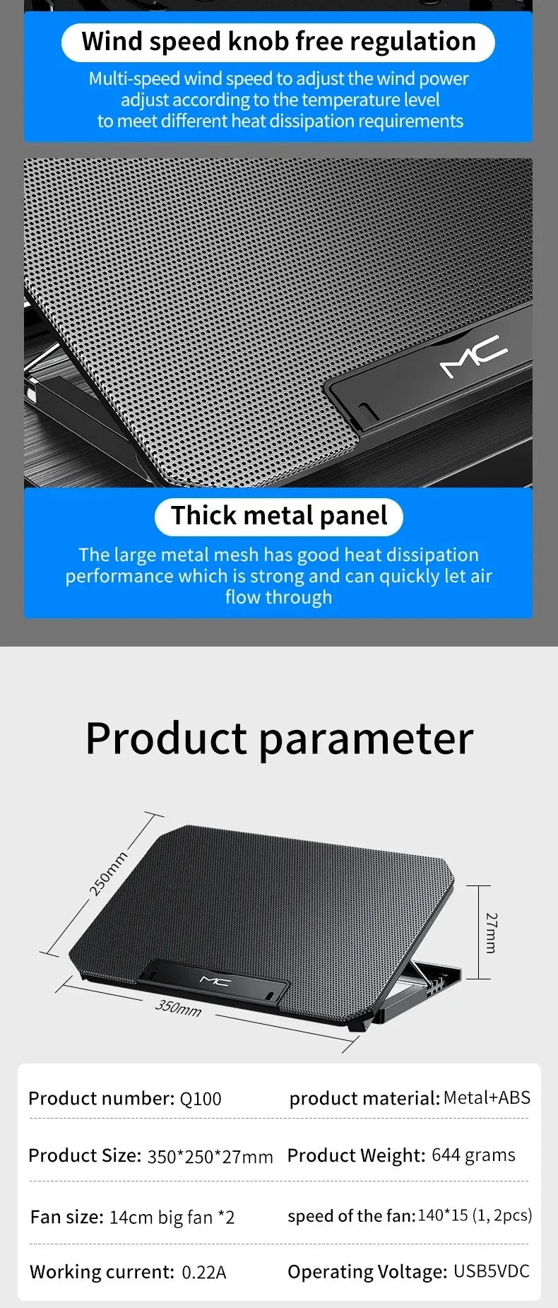 R.E.D. Shopping Q100 17-inch gaming laptop cooling pad with LED screen, dual USB ports, and 2600RPM fan stand for cooling.