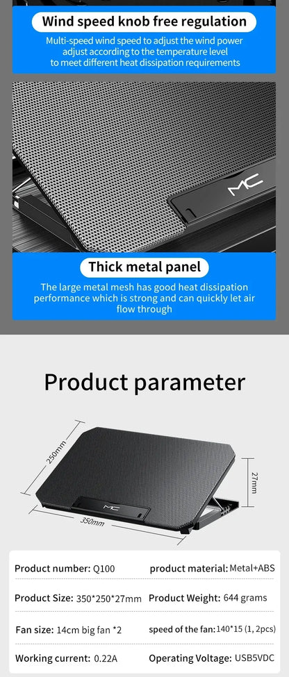 R.E.D. Shopping Q100 17-inch gaming laptop cooling pad with LED screen, dual USB ports, and 2600RPM fan stand for cooling.