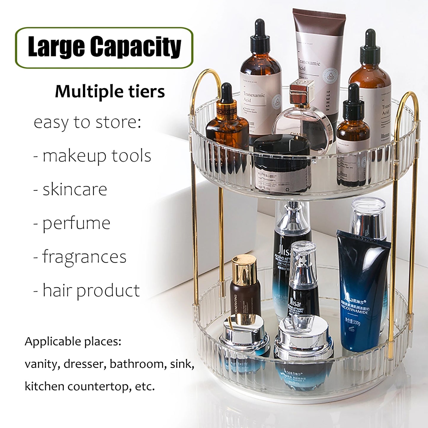 360° Rotating Makeup Organizer | 2-Layer Vanity Skincare & Cosmetic Storage