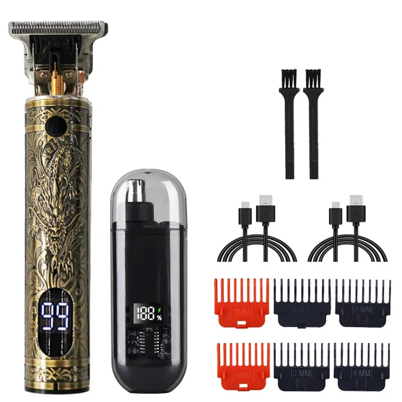 R.E.D. men's grooming set with nose and ear hair trimmer and T9 hair clipper, USB rechargeable, on a bathroom countertop