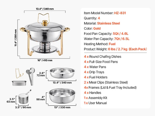SucceBuy Chafing Dish Set 4-Pack | 9L Each | Stainless Steel | Buffet & Catering | EU