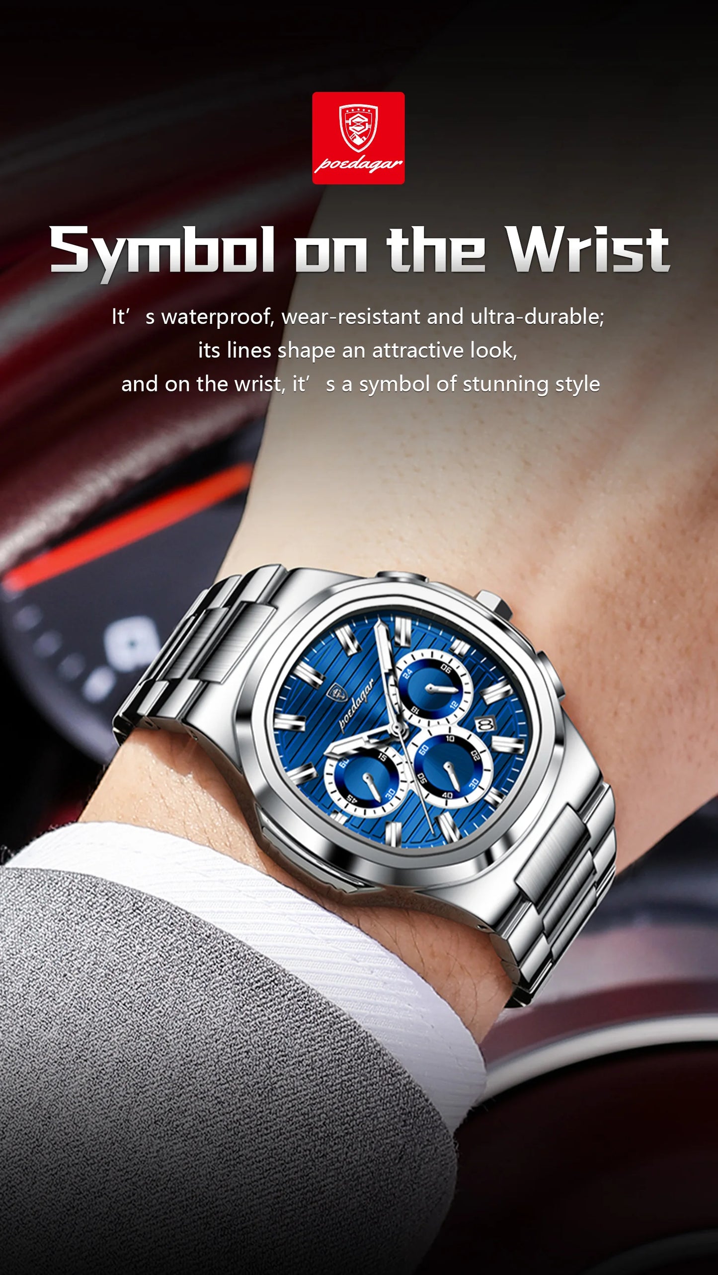 POEDAGAR Men's Luxury Chronograph Watch – Stainless Steel, Waterproof, Luminous, Date
