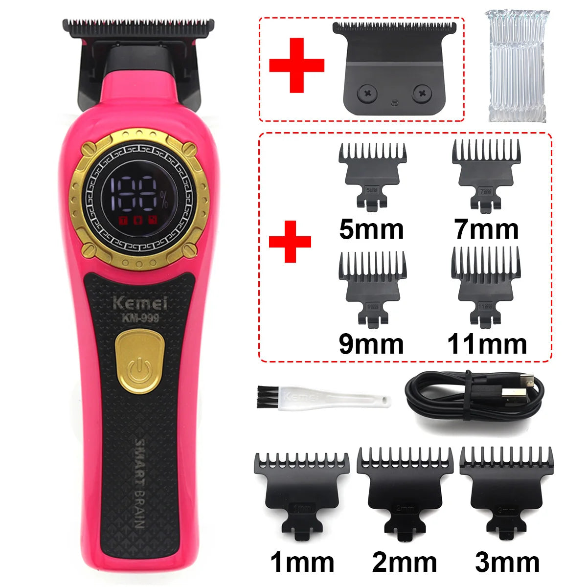 Kemei KM-999 Professional Hair Trimmer – DLC T-Blade, Zero Gap, LED Display, Cordless USB Clipper
