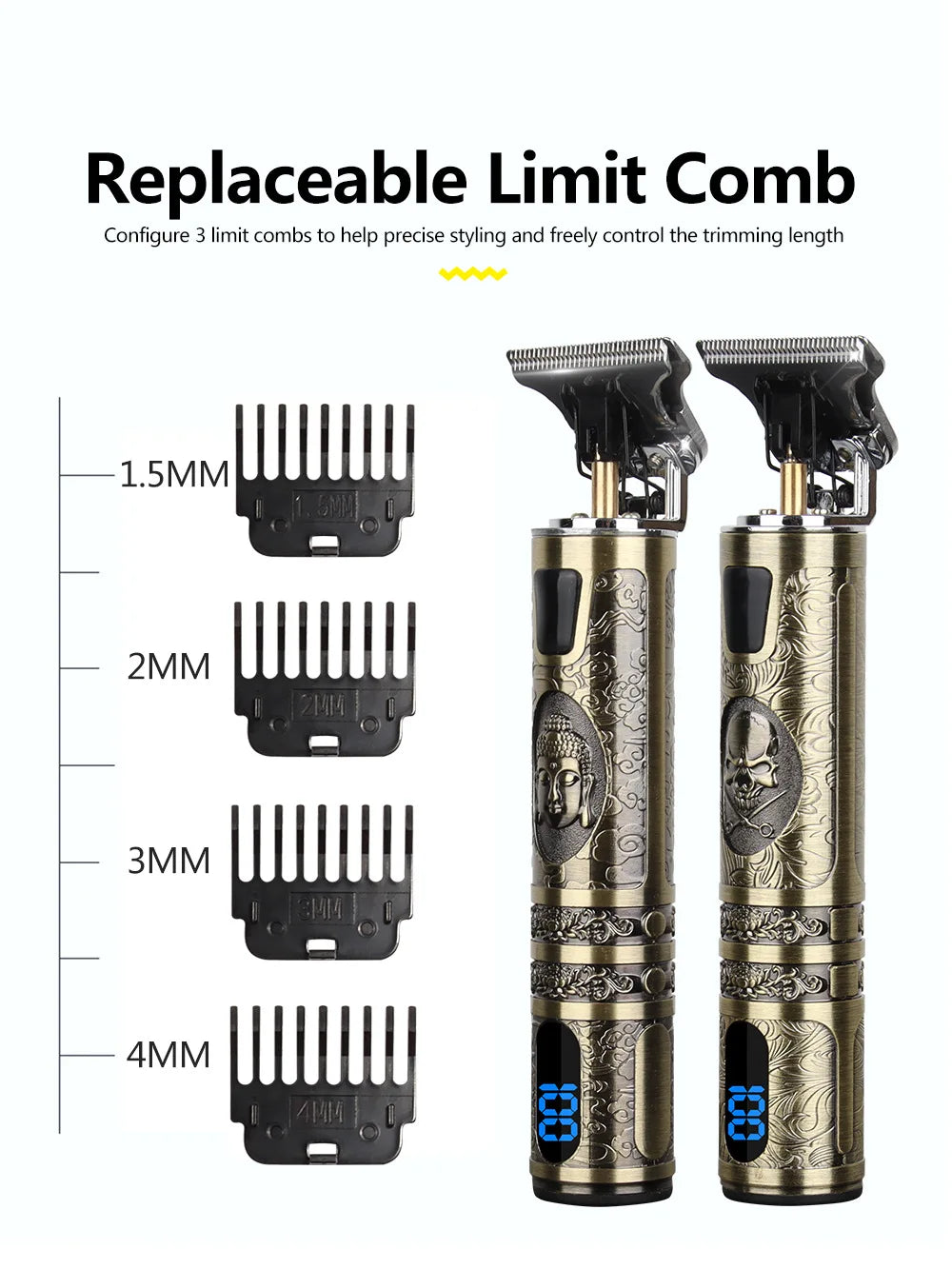 R.E.D. Shopping T9 LCD electric hair clipper with oil head precision trimmer for men's grooming, featuring a sleek design and LCD display.