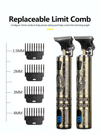 R.E.D. Shopping T9 LCD electric hair clipper with oil head precision trimmer for men's grooming, featuring a sleek design and LCD display.