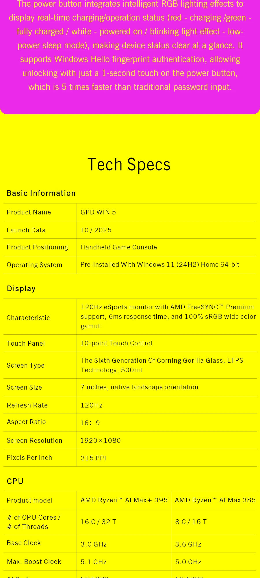 GPD WIN 5 Handheld Gaming PC – AMD Ryzen AI, 7" OLED 120Hz, 32/64GB DDR5, up to 2TB SSD, Windows 11