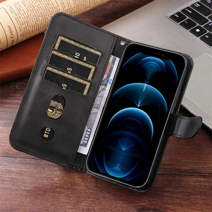 R.E.D. Shopping iPhone 16 Plus zipper wallet case with leather cover, card slots, and magnetic stand for mobile protection.
