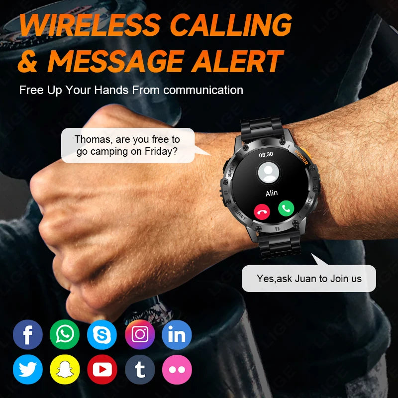 AMOLED Smart Watch for Men – Flashlight, Sports, Waterproof, Bluetooth Call + Box