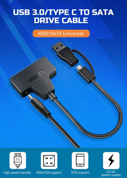 USB 3.0 to SATA Cable for 2.5"/3.5" HDD & SSD – with 12V/2A Power Adapter