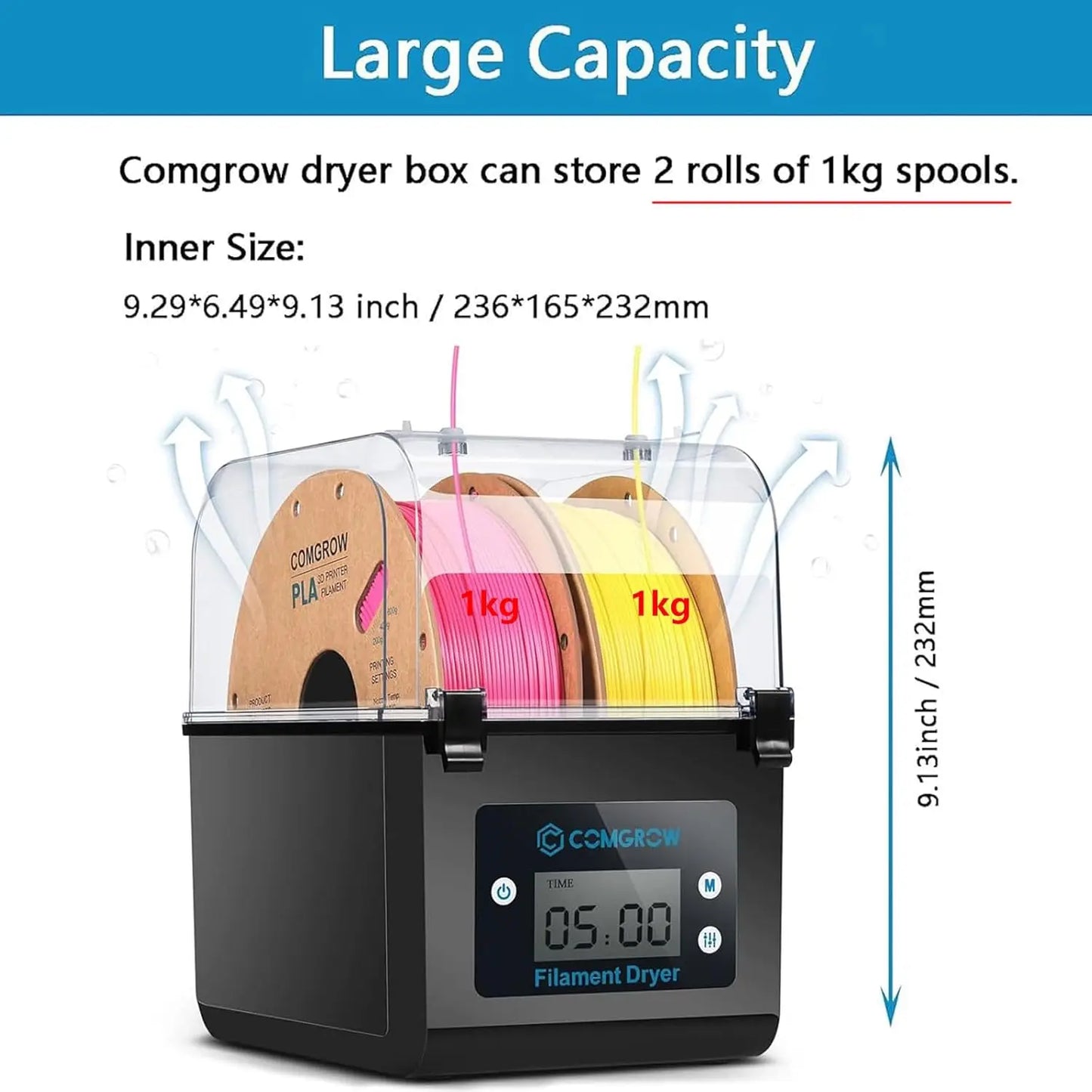 Comgrow Filament Dry Box – 2-Roll Dehydrator & Spool Holder, 1.75mm & 2.85mm