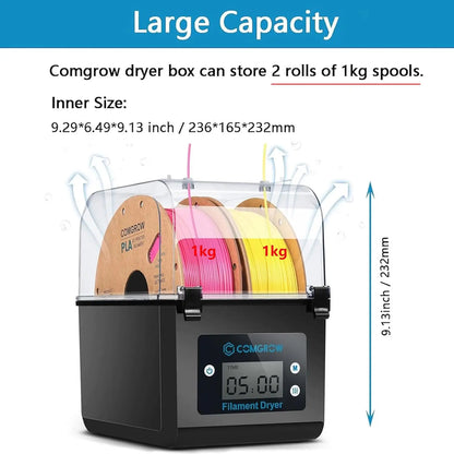 Comgrow Filament Dry Box – 2-Roll Dehydrator & Spool Holder, 1.75mm & 2.85mm